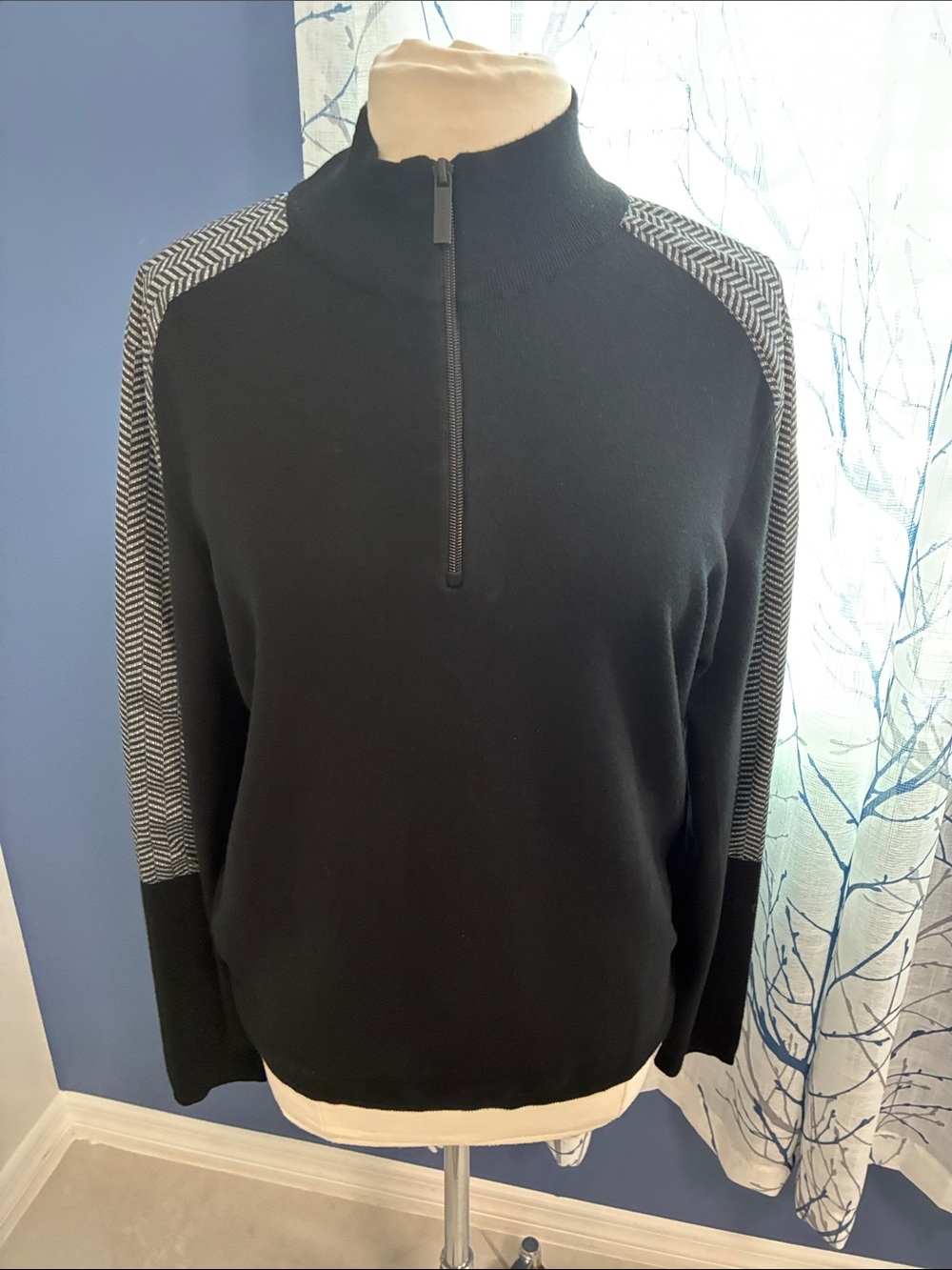 Perry Ellis Men’s Black Half-Zip Sweater with Herringbone Sleeve Detail